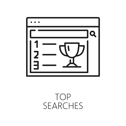 Top searches. CDN. Content delivery network icon, web media or file search engine, blog or Internet portal content, CDN thin line vector pictogram or icon with web page, search result winner prize