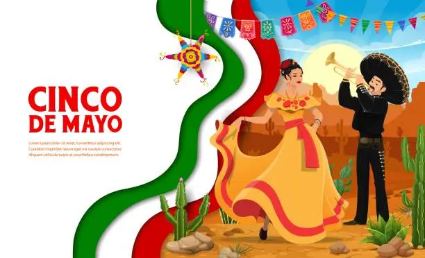 Vector illustration of Cinco de mayo Mexican holiday paper cut banner