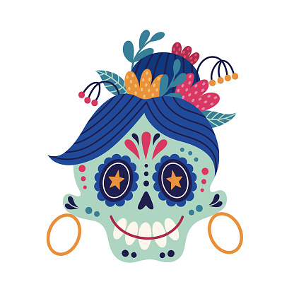 Cute sugar skull vector icon. Head of a woman with a traditional hairstyle, a painted ornament, gold earrings, flowers. Smiling face, Mexican mask for Cinco de Mayo, Day of the Dead. Cartoon doodle
