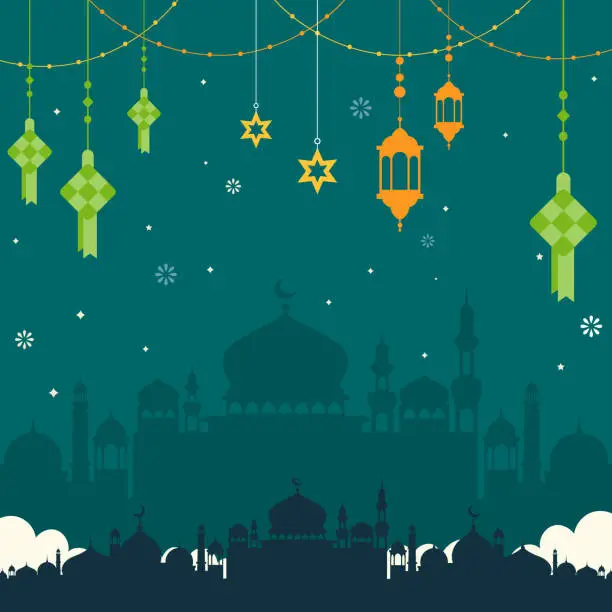 Vector illustration of Islamic Mosque Background. Greeting Card Design for Islamic religion, Ramadan kareem, Eid al-Fitr, Eid al-Adha.