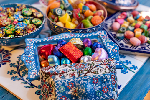 Colorful Eid Mubarak Candy and Chocolate, Ramadan Kareem Concept Photo, Uskudar Istanbul, Turkiye (Turkey)