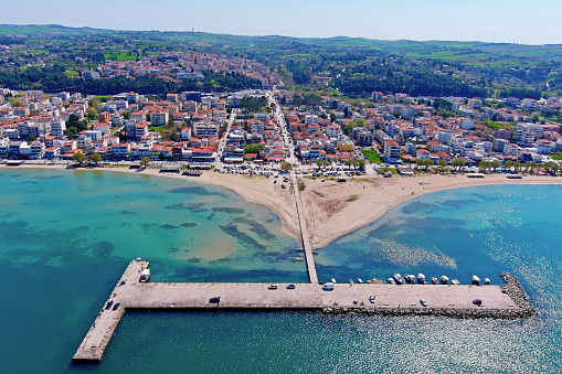 Drone view of the pier of Neoi Epivates, Thessaloniki, Greece in early spring