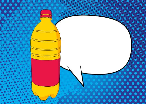 Vector illustration of Cartoon Pet Bottle with blank speech bubble, comic book drinking water background. Retro vector comics pop art design.