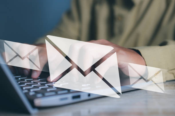 istock Businessman using computer typing send email. Business contact and communication with email icon, email marketing online working internet network. 2116216926