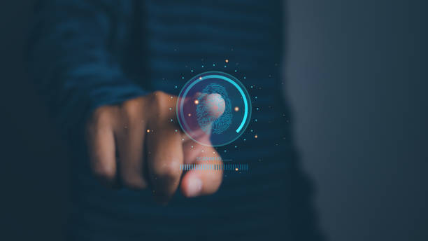 istock Fingerprint scanner futuristic digital processing of biometric identification. Secure access granted by valid fingerprint scan, cyber security on internet of digital programs futuristic applications. 2116216929