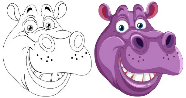 Vector illustration of Line art and colored illustration of a cheerful hippo