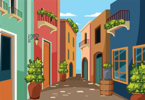 Vector illustration of Vibrant vector of a quaint European street scene