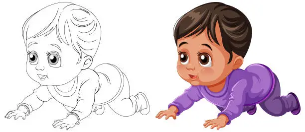 Vector illustration of Black and white and colored crawling baby illustrations.