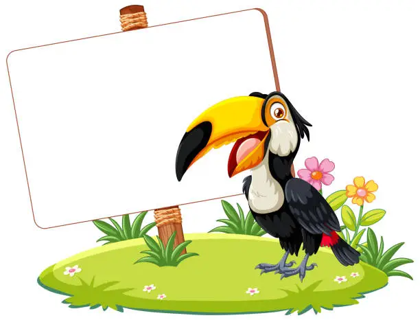 Vector illustration of Colorful toucan beside a blank sign in nature.