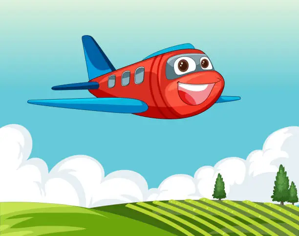 Vector illustration of Colorful animated airplane flying over green hills