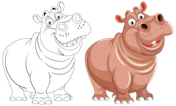 Vector illustration of Two smiling hippos in a playful vector illustration.