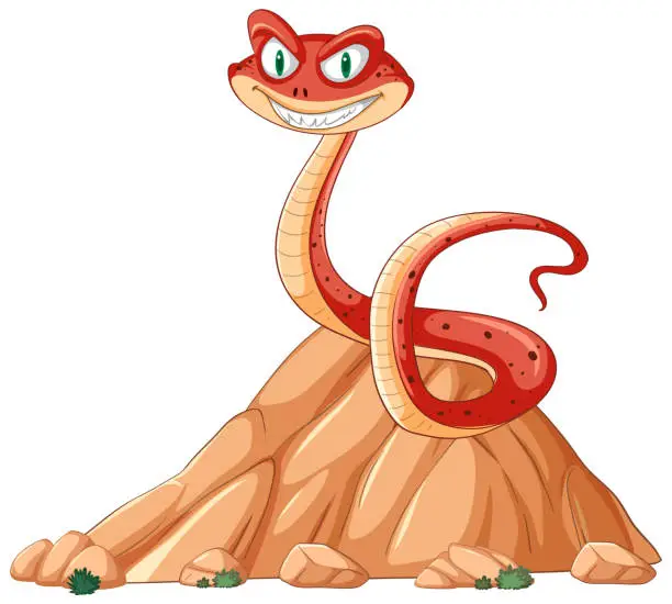 Vector illustration of A smiling snake illustrated atop a small hill.