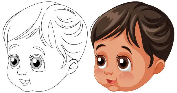 Vector illustration of Vector illustration of a child's face, before and after coloring.