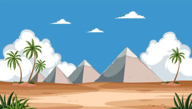 Vector illustration of Vector illustration of pyramids among palm trees.