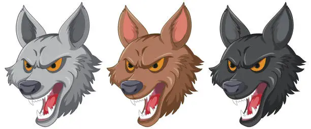 Vector illustration of Three animated wolves showing aggressive expressions.