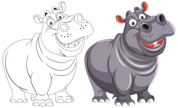 Vector illustration of Two smiling hippos in a playful vector illustration.