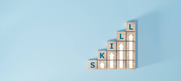 skills icon on wooden cube. Upskilling and personal development concept. Skill training, education, learning, ability. Upskilling, reskilling,
