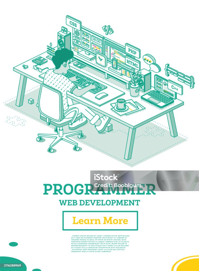Programmer Frontend Or Backend Developer Sit On Chair With Wheels In ...