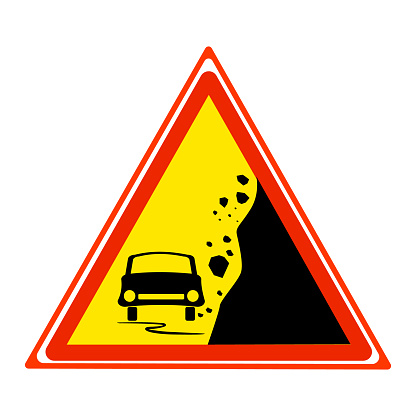 Traffic caution insignia about rockslide or gravel. Rockfall. Stock vector illustration