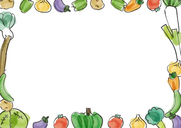 Vector illustration of Hand-painted Watercolor Vegetable Frame_Background White_Horizontal