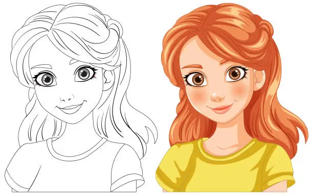 Vector illustration of Vector illustration of a girl, before and after coloring