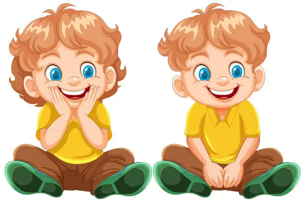 Vector illustration of Two cheerful boys illustrated in a sitting pose