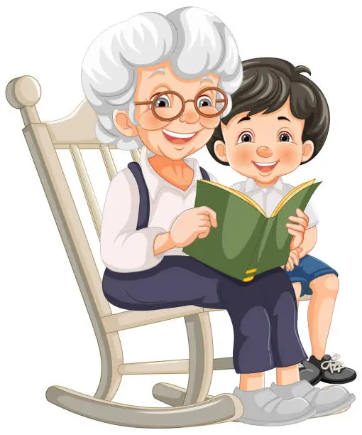 Vector illustration of Elderly woman and child enjoying a book together