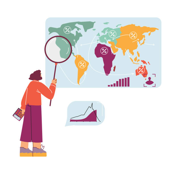Global demographic research vector illustration Demographic research vector illustration depicting a figure with a magnifying glass examining global population statistics on a world map. quantitative research stock illustrations