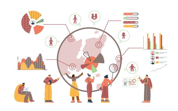 Demographics data analysis vector illustration Global demographics analysis vector illustration with figures analyzing data, charts, and world map for educational and marketing materials. quantitative research stock illustrations