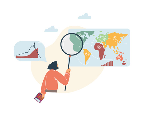 A young female scientist analyzes a world map with statistical data and graphs on demography. Vector illustration, ideal for the presentation of demographic research.