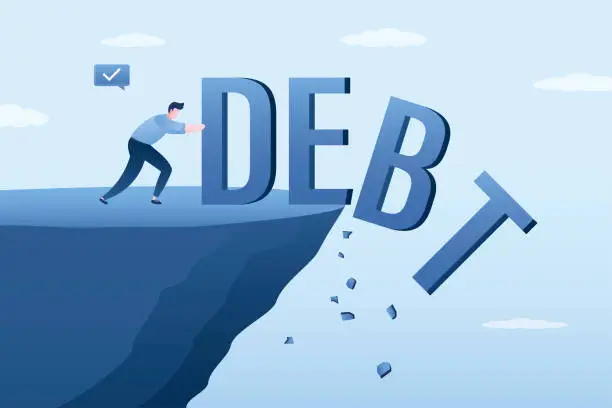Vector illustration of Financial freedom concept. Unhappy entrepreneur pushes the word DEBT off cliff into an abyss. Exemption from business problems, loans. Forced bankruptcy. Overcoming financial obstacles.