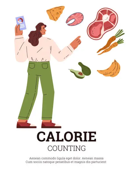 Vector illustration of Woman counting calorie using mobile app vector poster, cartoon analysis tracking for organic products and diet dishes