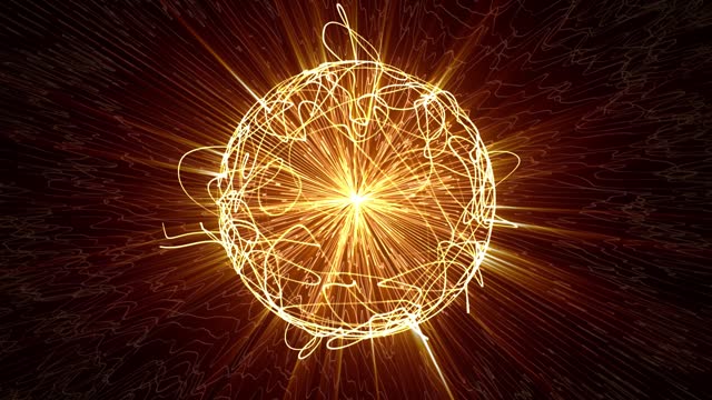 Abstract energy sphere with hot beams and glowing neon lines. Futuristic background for science fiction, digital engineering and modern technologies. Motion graphics, 4k video, 60 fps