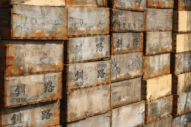 Opened and closed wood crates, parcels. Top view. Wooden boxes. 3D rendering isolated on white background