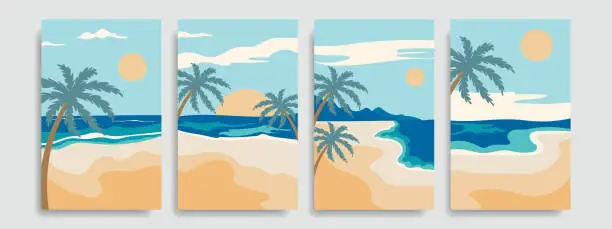 Vector illustration of Summer beach landscape. Beautiful scenery of sandy beaches with palm trees, sea with waves.