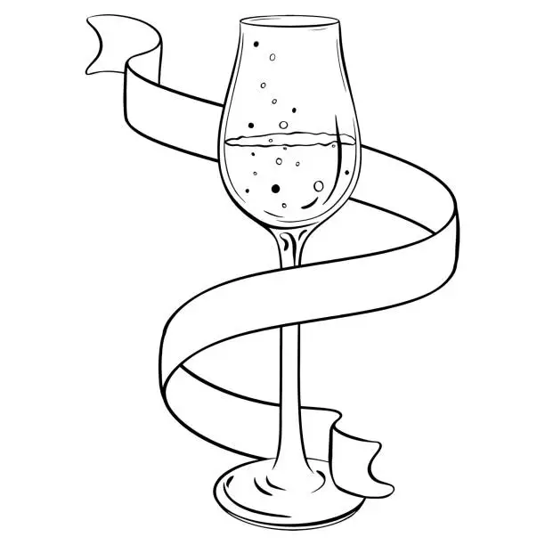 Vector illustration of Monochromatic artwork of a wine glass wrapped in a ribbon