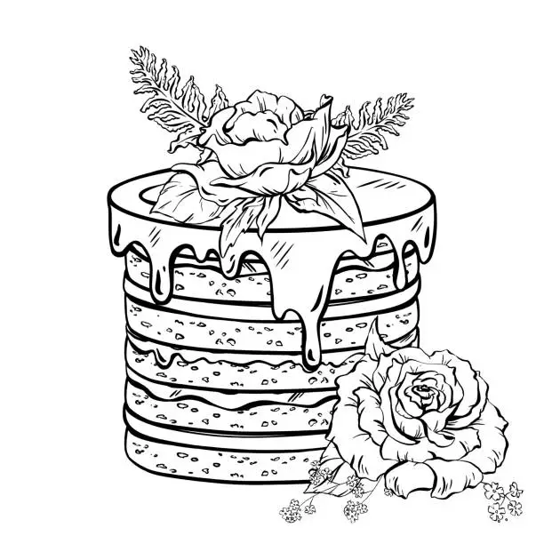 Vector illustration of A monochrome illustration of a floraltopped cake in line art style