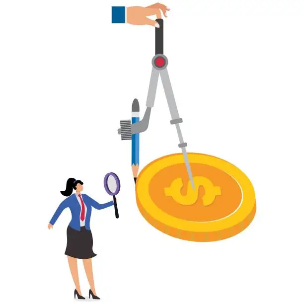 Vector illustration of Financial market regulation, market regulation and institutions, financial policy law and auditing, isometric hand drawing a dollar-limited circle with a compass