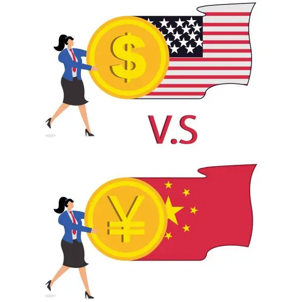 Vector illustration of Trade wars, international economic wars or competition, competition for market share, global economic issues, isometric one businesswoman pushing the dollar sign another businesswoman pushing the Chinese currency sign