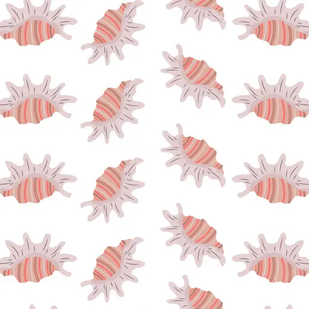 Vector illustration of Sea figured shells seamless pattern.