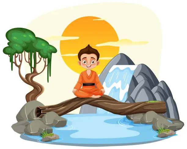 Vector illustration of Happy boy sitting on a wooden bridge over water