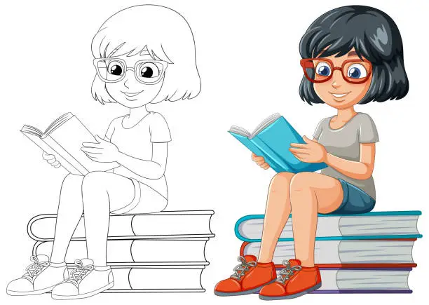 Vector illustration of Colorful vector of a girl reading atop book piles