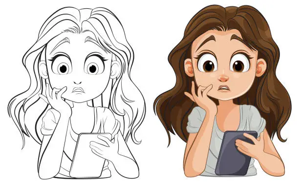 Vector illustration of Cartoon girl thinking deeply holding a book.