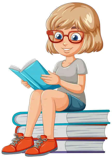 Vector illustration of Cartoon of a girl reading a book on a stack of books