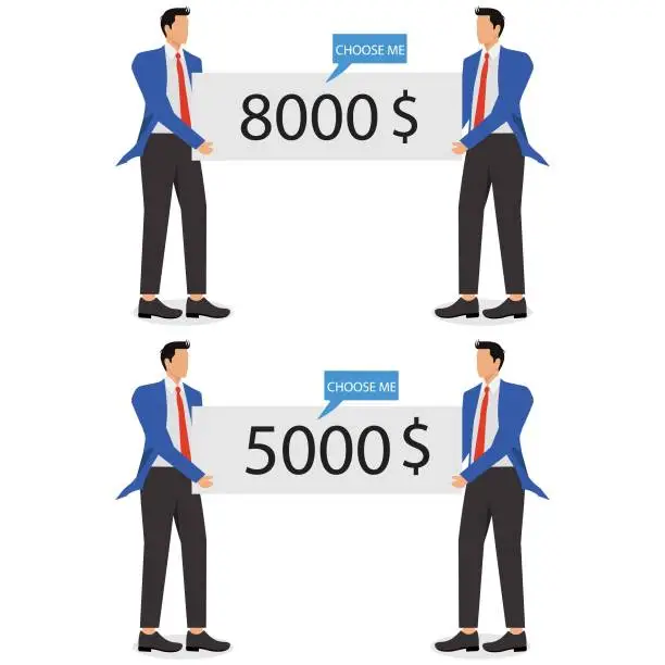 Vector illustration of The value of businessmen, professional skills and employment prices, self-referral and marketing and pricing strategies, recruitment and prices, businessmen presenting themselves and wearing price placards on their chests