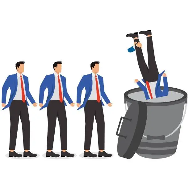 Vector illustration of Black sheep, scum, layoffs or dismissal of underperforming employees, being discarded like garbage, standing in a row of businessmen one of whom is thrown into the garbage basket