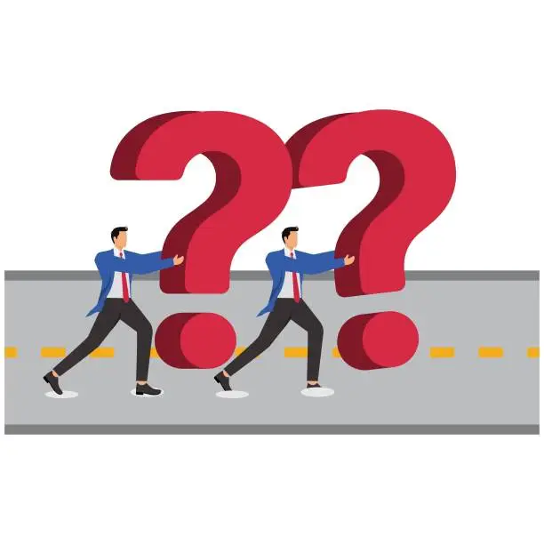 Vector illustration of Conquer adversity, problem solving, teamwork, breakthroughs, isometric two businessmen trying to push and support to prevent the collapse of the giant question mark