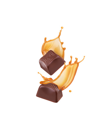 chocolate candy with caramel splash on white background 10