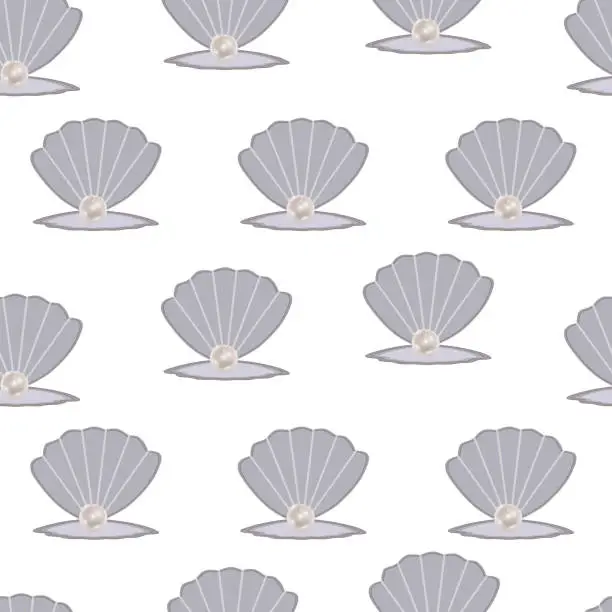 Vector illustration of Sea shells with pearl seamless pattern.