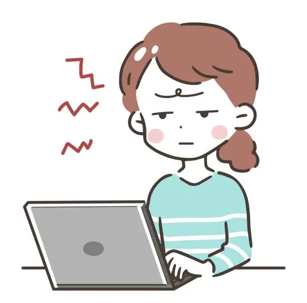 Vector illustration of Illustration of a grumpy woman using a computer